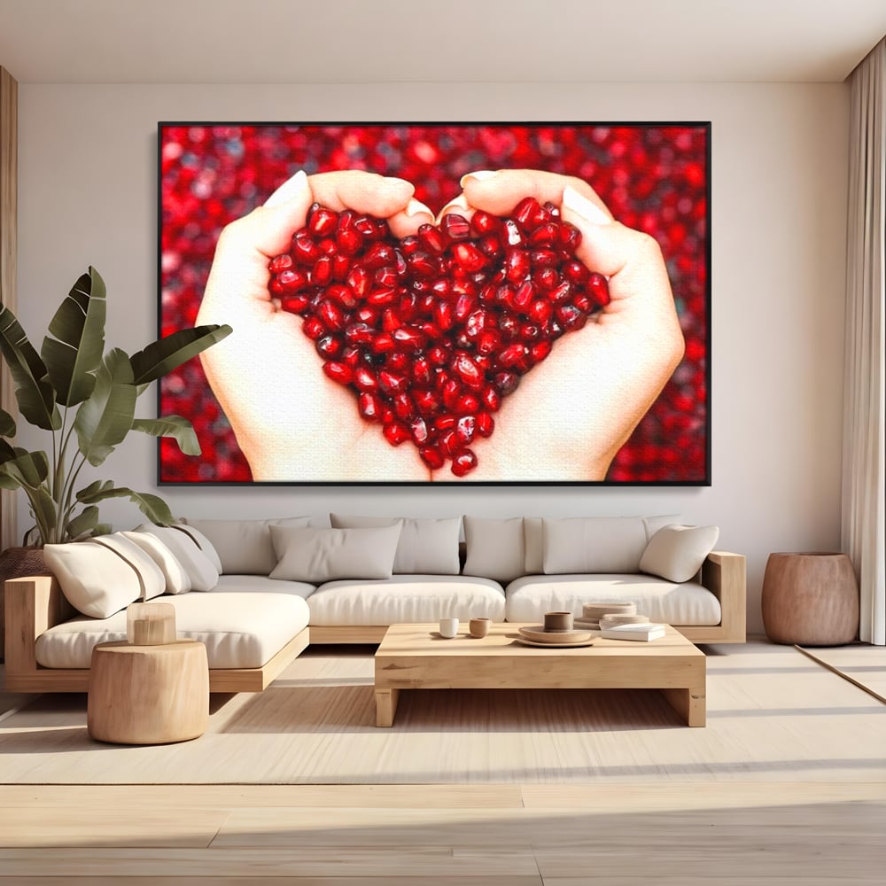 Tablou canvas cu maini care tin seminte de rodie in forma de inima, in rama de aluminiu negru, pe perete intr-un living